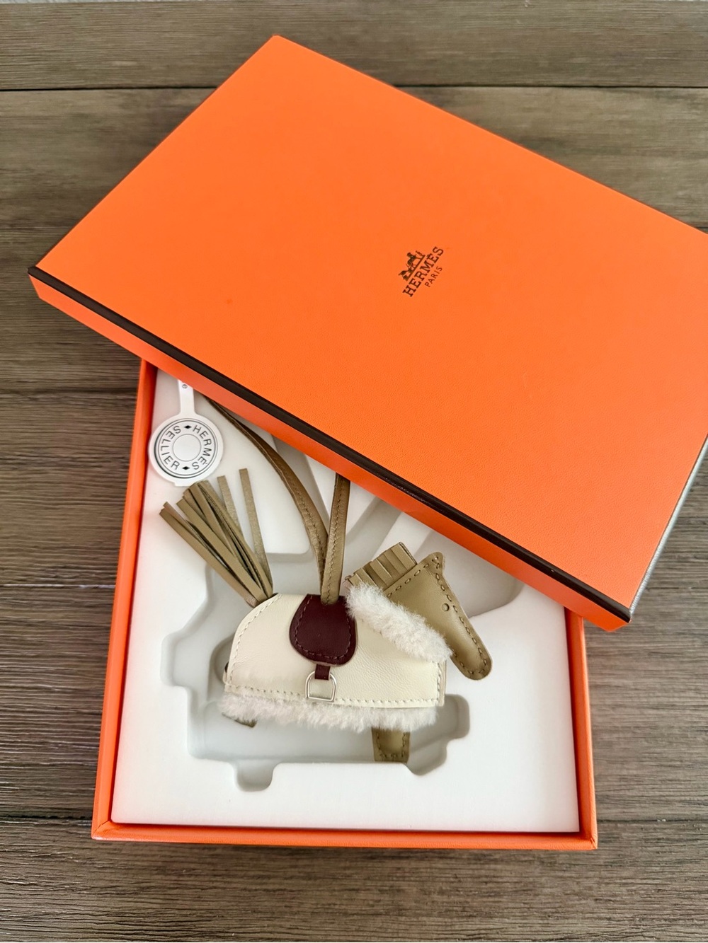 Hermes Beige, Brown and Burgundy Shearling Charm with Orange Box
